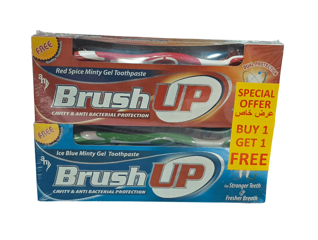 Brush Up Whitening Toothpaste Red Spice & Ice Blue  Minty Gel 2x150g Offer Pack Free Toothbrush