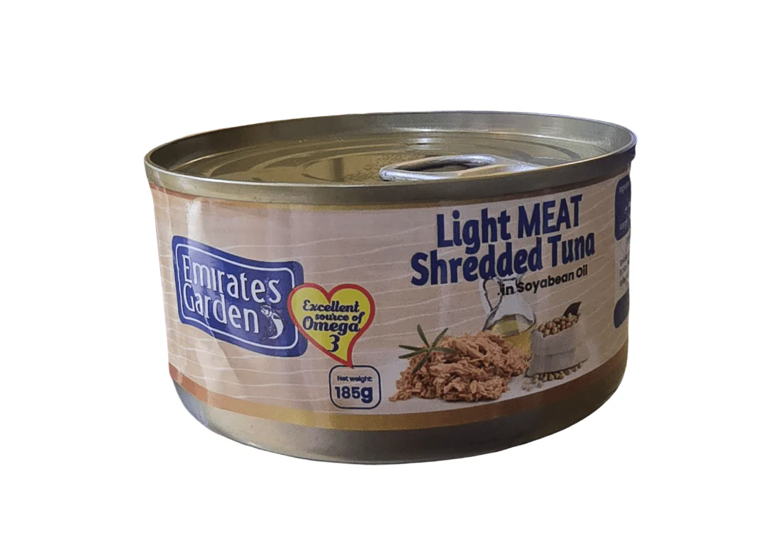 Emirates Garden Tuna Shredded  soya bean oil  Pack 185g | حدائق الإمارات تونة بزيت الصويا