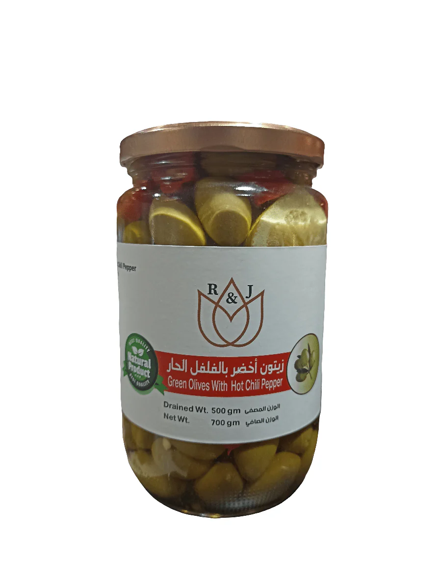 R&J Gourmet Green Olives with Chili Paste 700g | آر آند جي زيتون اخضر بالفلفل الحار