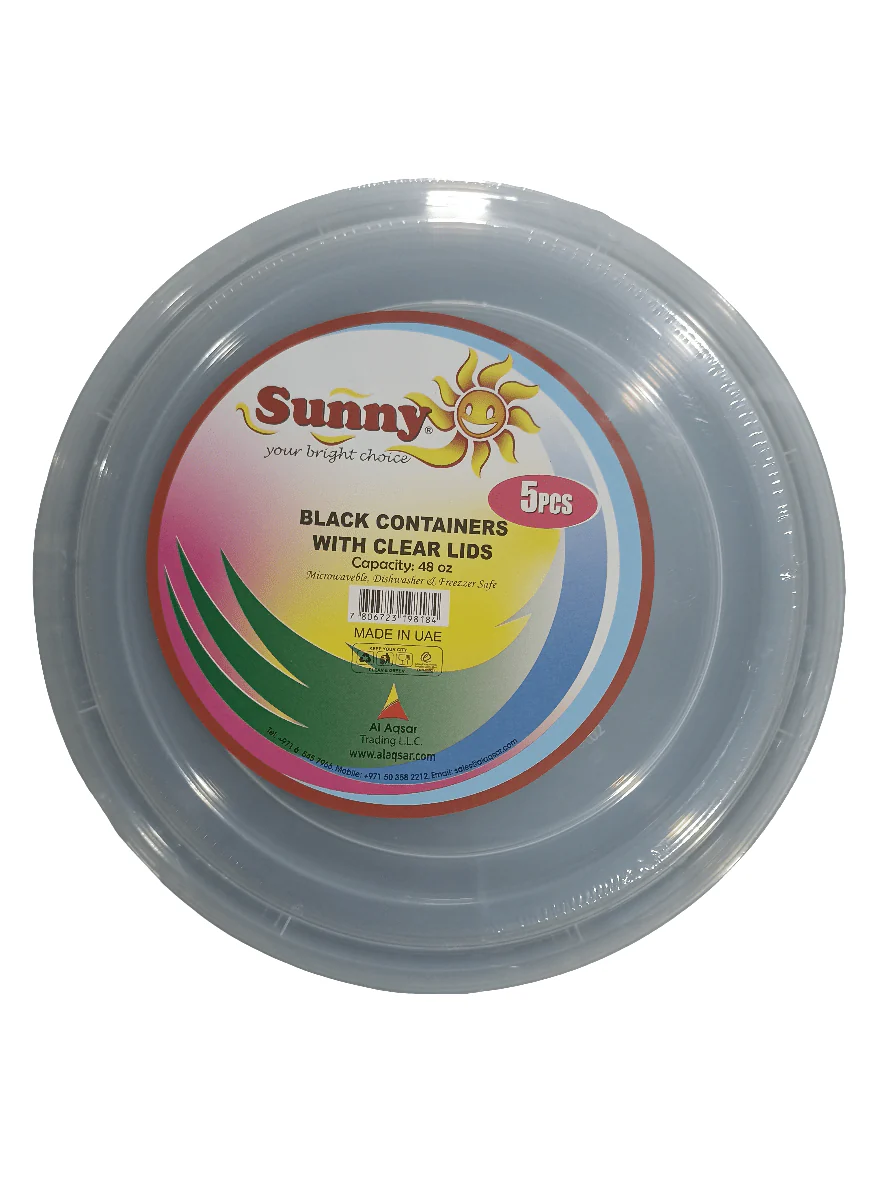 Sunny Round Black Containers with Lids 48oz 5pcs | علب بلاستيكية كبيرة مع غطاء