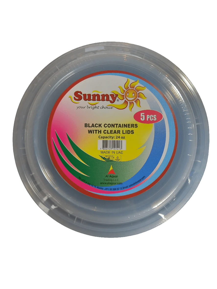 Sunny Round Black Containers with Lids 24oz 5pcs | علب بلاستيكية صغيرة مع غطاء - Image 2