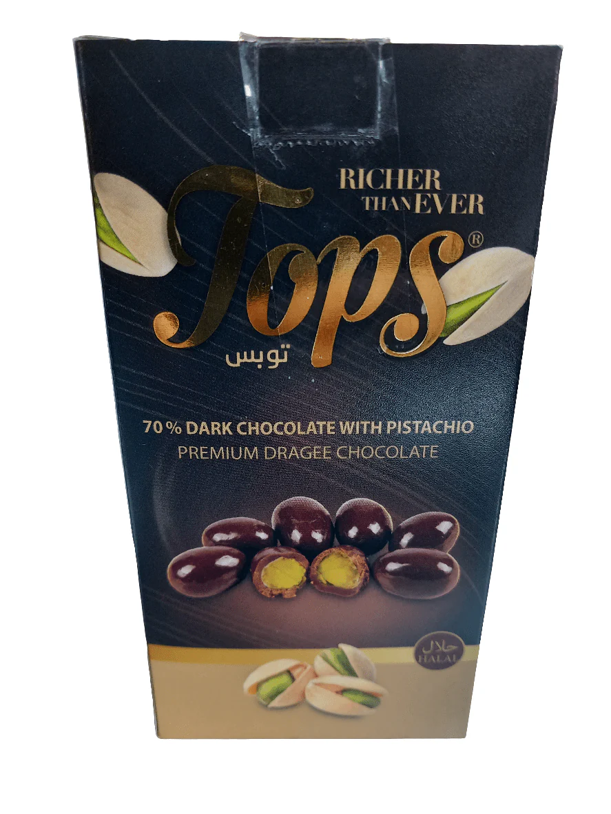 Tops Dragee Pecan Pistachio Dark Chocolate 125g | توبس دراجيه البيكان بالشوكولاتة الداكنة والفستق