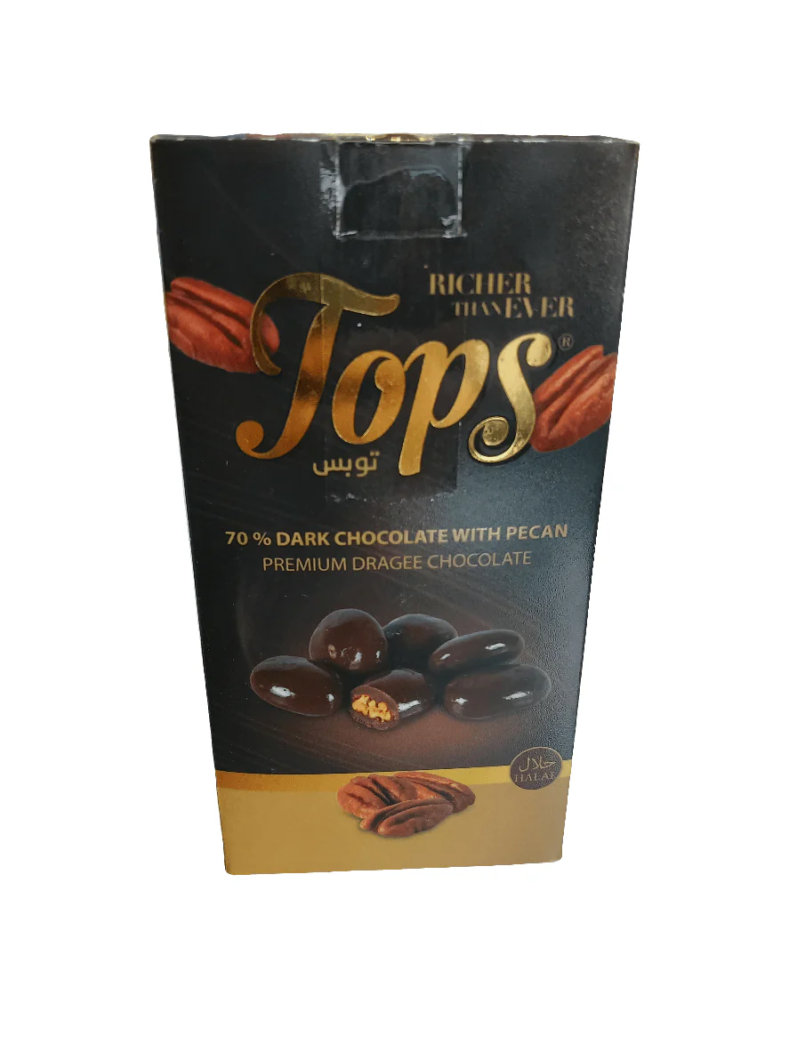 Tops Dragee Pecan Dark Chocolate 125g | توبس دراجيه البيكان بالشوكولاتة الداكنة