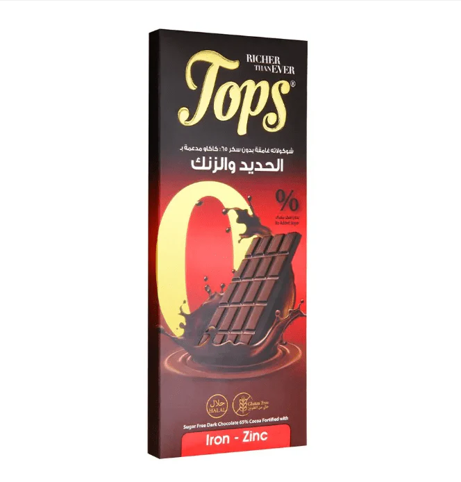 Tops Chocolate Bar Dark Sugar-Free with Iron & Zinc 50g | توبس شوكولاتة داكنة خالية من السكر مع الزنك والحديد
