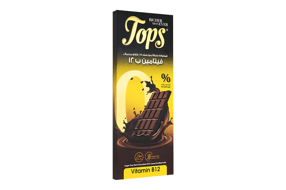Tops Chocolate Bar Dark Sugar-Free with Vit B12 50g | توبس شوكولاتة داكنة خالية من السكر مع فيتامين ب12