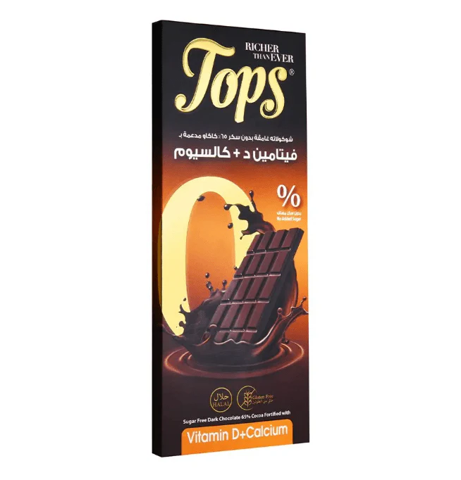 Tops Chocolate Bar Dark Sugar-Free with Vit D & Calcium 50g | توبس شوكولاتة داكنة خالية من السكر مع فيتامين د والكالسيوم