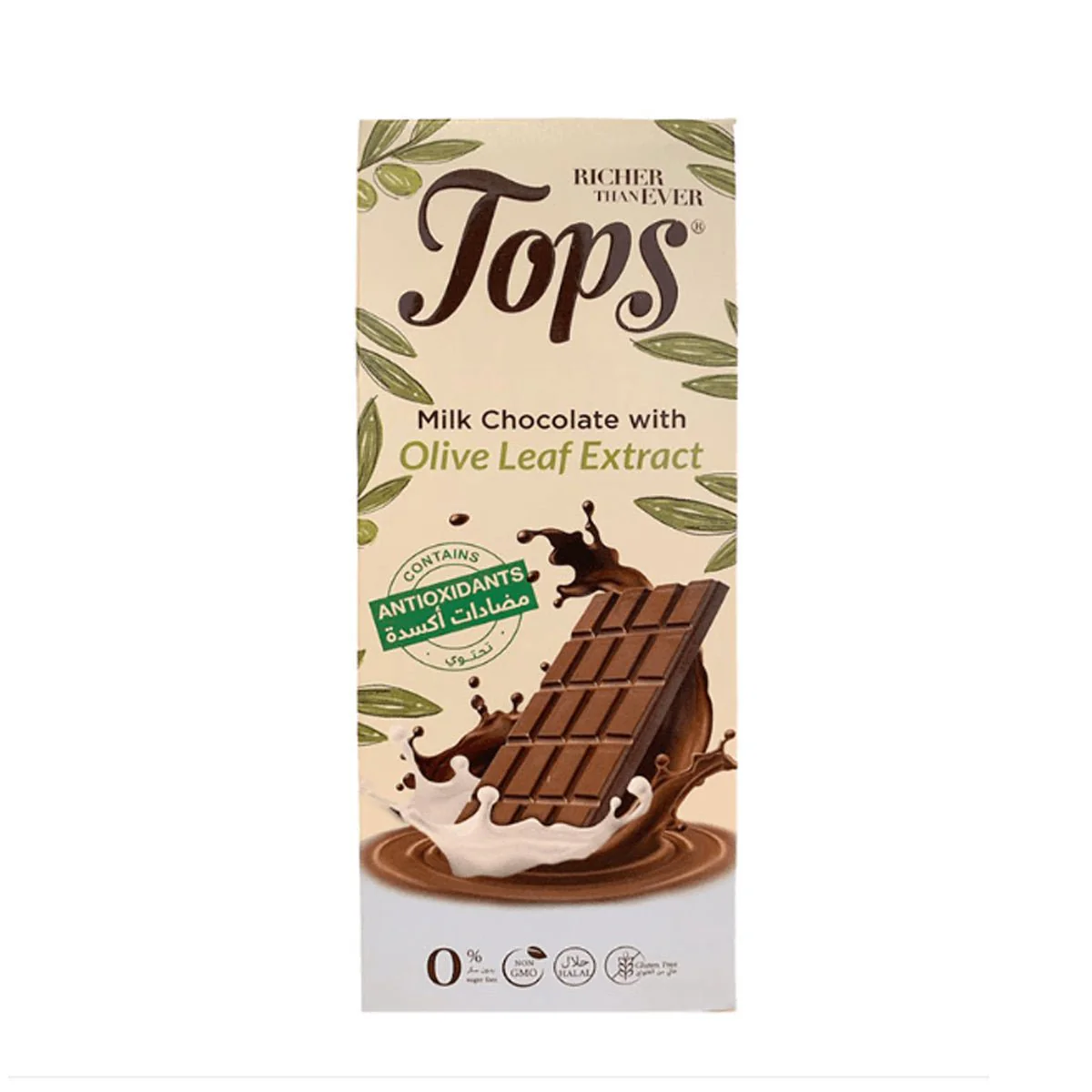 Tops Chocolate Bar Milk Sugar-Free with Antioxidant 50g | توبس شوكولا بالحليب مع مضادات الاكسدة بدون سكر