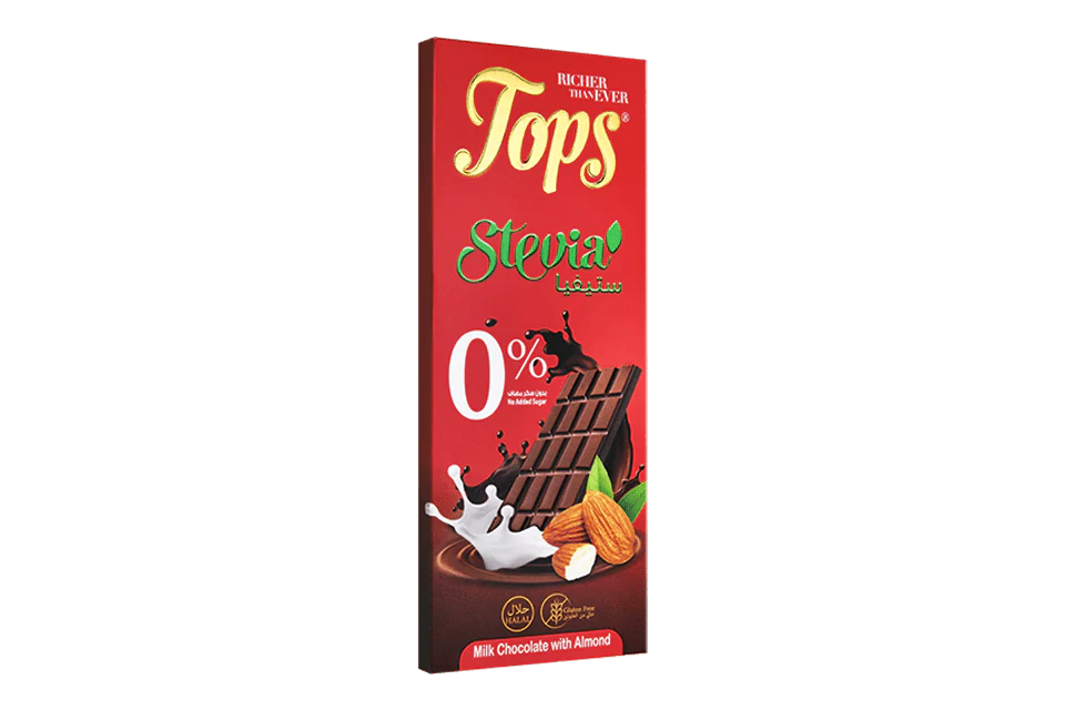 Tops Chocolate Bar Milk with Almonds Sugar-Free Stevia 50g | توبس شوكولاتة بار حليب مع لوز خالي من السكر ستيفيا