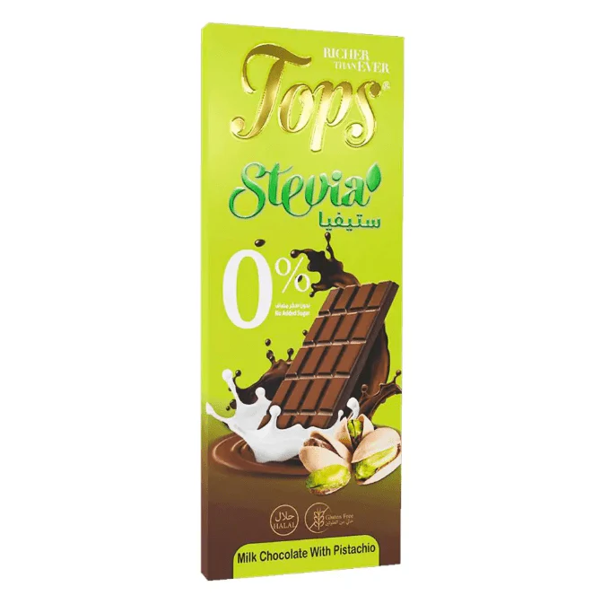 Tops Chocolate Bar Milk with Pistachio Sugar-Free Stevia 50g | توبس شوكولاتة بالحليب مع الفستق خالي من السكر ستيفيا