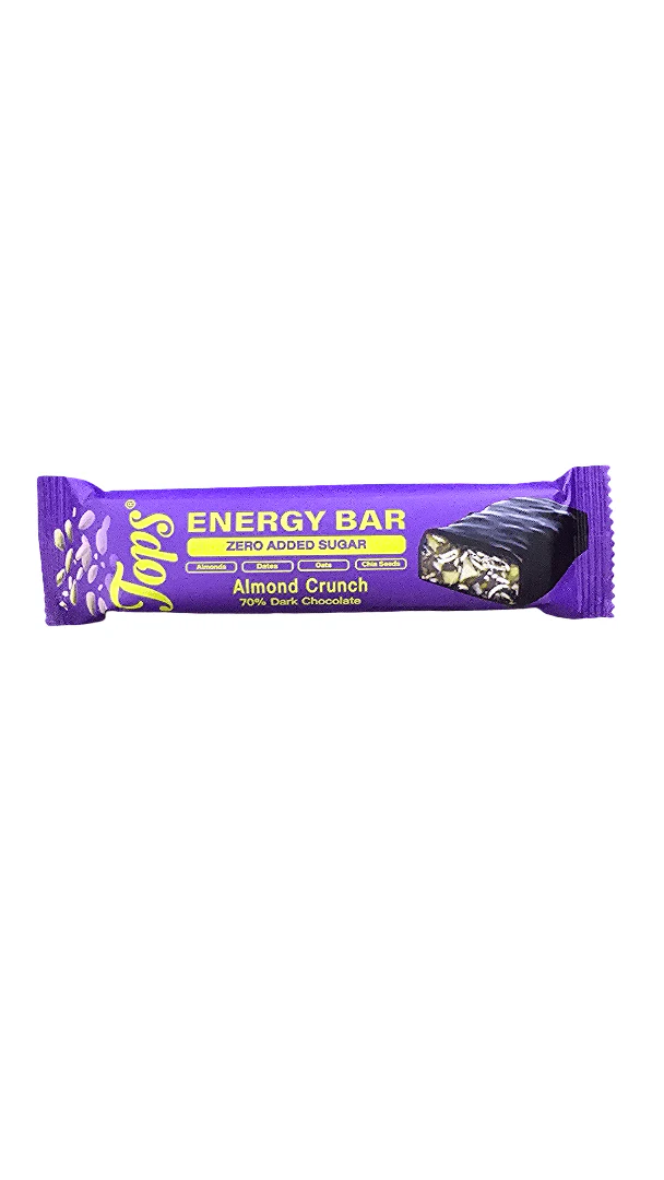 Tops Energy Almond Crunch Dark Chocolate 50g Zero Added Sugar