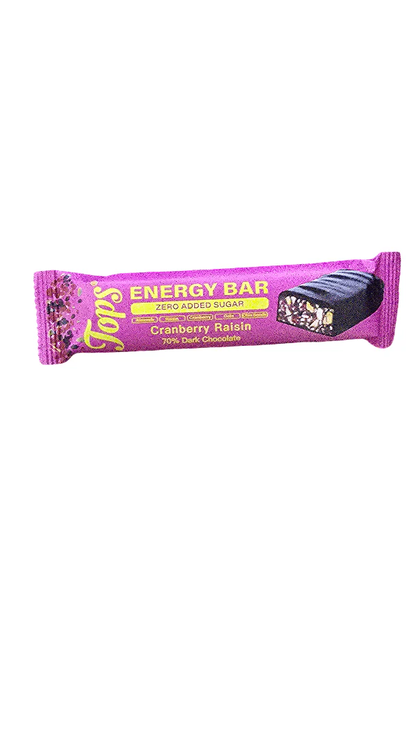 Tops Energy Cranberry Raisin 70%Dark Chocolate 50g Zero Added Sugar