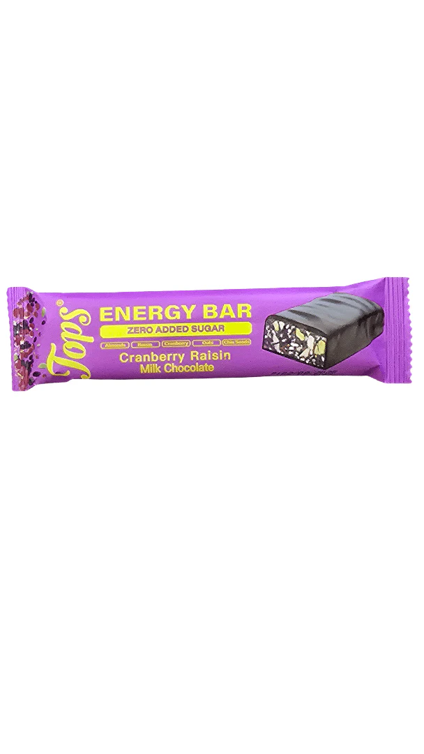 Tops Energy Cranberry Raisin Milk Chocolate 50g Zero Added Sugar