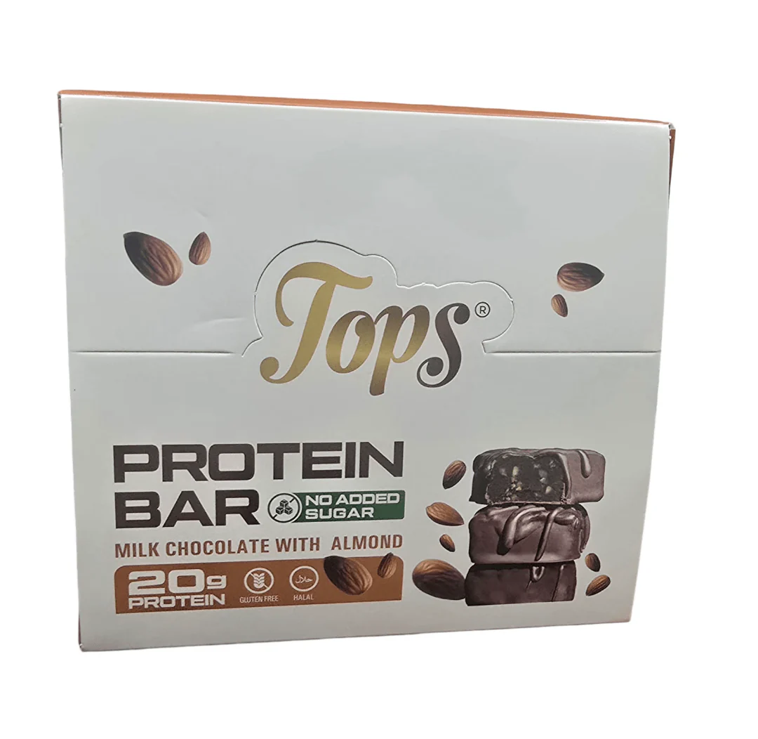 Tops Protein Bar Milk Chocolate and Almond 12X60g No Sugar Added
